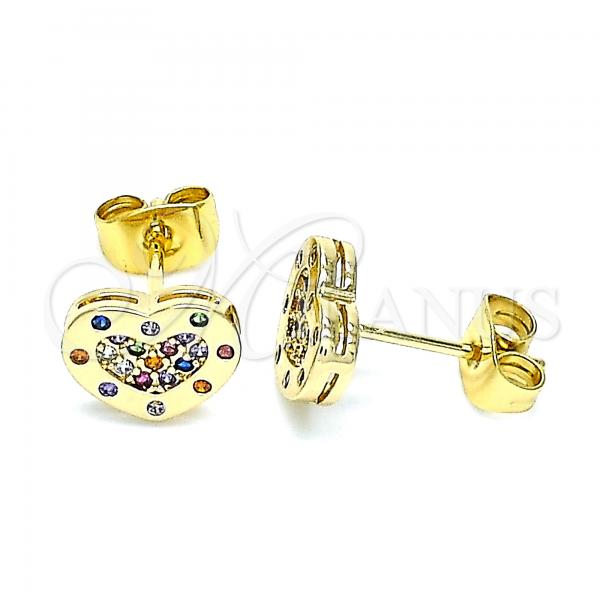 Oro Laminado Stud Earring, Gold Filled Style Heart Design, with Multicolor Micro Pave, Polished, Golden Finish, 02.344.0118.1