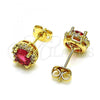 Oro Laminado Stud Earring, Gold Filled Style Cluster Design, with Ruby Cubic Zirconia and White Micro Pave, Polished, Golden Finish, 02.342.0106.3
