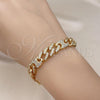 Oro Laminado Fancy Bracelet, Gold Filled Style Puff Mariner Design, with White Micro Pave, Polished, Golden Finish, 03.283.0322.08