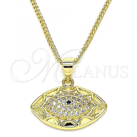 Oro Laminado Pendant Necklace, Gold Filled Style Evil Eye Design, with Sapphire Blue and White Micro Pave, Polished, Golden Finish, 04.156.0399.20