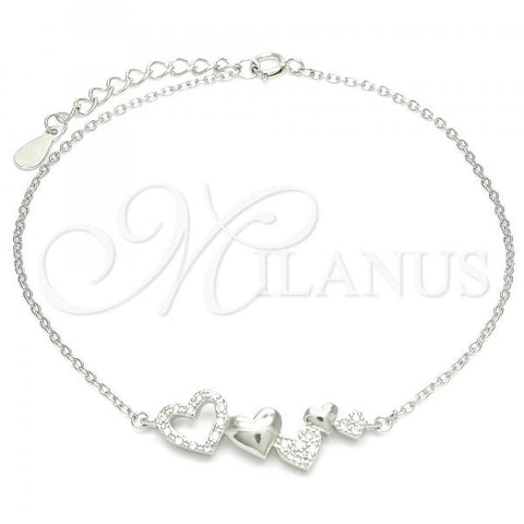 Sterling Silver Fancy Bracelet, Heart Design, with White Micro Pave, Polished, Rhodium Finish, 03.336.0057.07