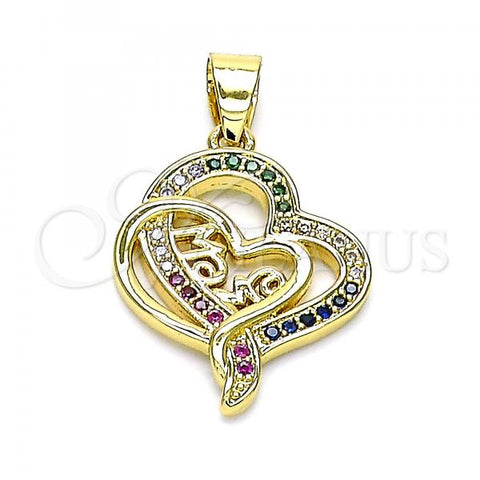 Oro Laminado Fancy Pendant, Gold Filled Style Mom and Heart Design, with Multicolor Micro Pave, Polished, Golden Finish, 05.102.0024