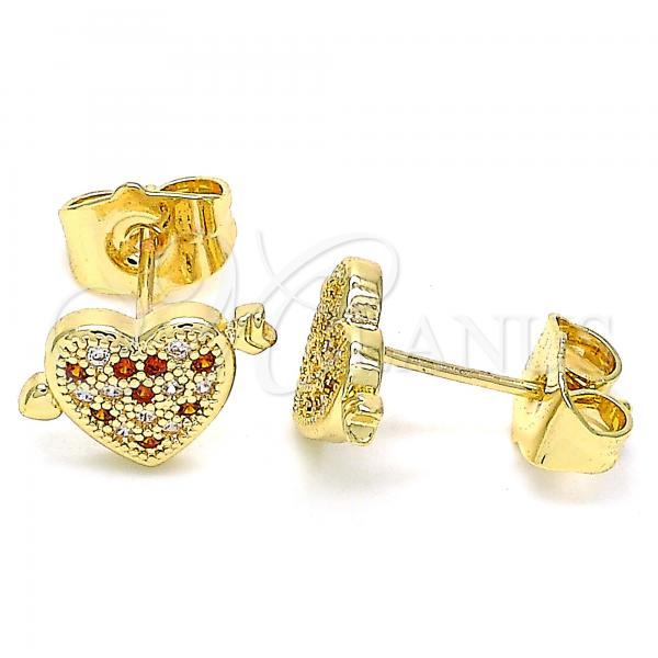 Oro Laminado Stud Earring, Gold Filled Style Heart Design, with Garnet and White Micro Pave, Polished, Golden Finish, 02.156.0489.1