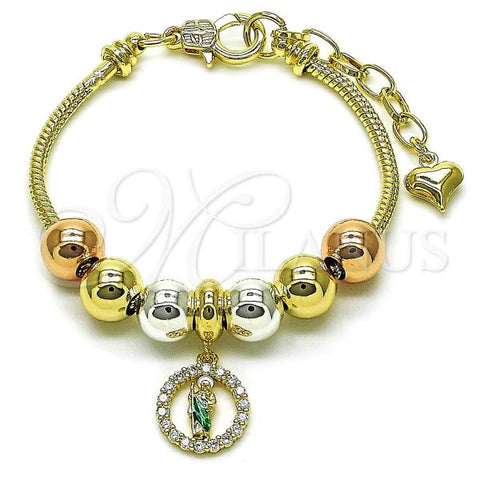 Oro Laminado Fancy Bracelet, Gold Filled Style San Judas and Rat Tail Design, with White Cubic Zirconia, Polished, Tricolor, 03.411.0066.07