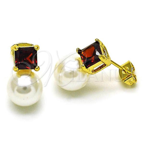 Oro Laminado Stud Earring, Gold Filled Style with Garnet Cubic Zirconia and Ivory Pearl, Polished, Golden Finish, 02.379.0073.2