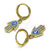 Oro Laminado Dangle Earring, Gold Filled Style Hand of God and Evil Eye Design, with White Micro Pave, Turquoise Enamel Finish, Golden Finish, 02.253.0051