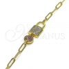 Oro Laminado Fancy Bracelet, Gold Filled Style Lock and Paperclip Design, with Ruby and White Micro Pave, Polished, Golden Finish, 03.362.0024.07