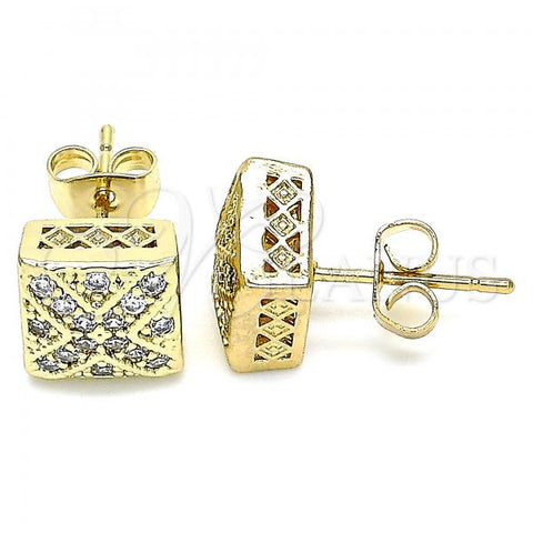 Oro Laminado Stud Earring, Gold Filled Style with White Micro Pave, Polished, Golden Finish, 02.344.0080