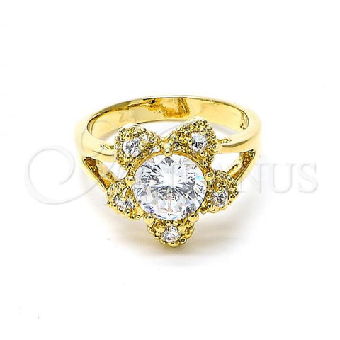 Oro Laminado Multi Stone Ring, Gold Filled Style Flower Design, with White Cubic Zirconia, Polished, Golden Finish, 5.169.015.09 (Size 9)