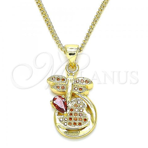 Oro Laminado Pendant Necklace, Gold Filled Style Dragon-Fly and Heart Design, with Garnet Micro Pave, Polished, Golden Finish, 04.156.0330.2.20