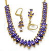 Oro Laminado Necklace and Earring, Gold Filled Style with Amethyst Cubic Zirconia, Polished, Golden Finish, 06.221.0014