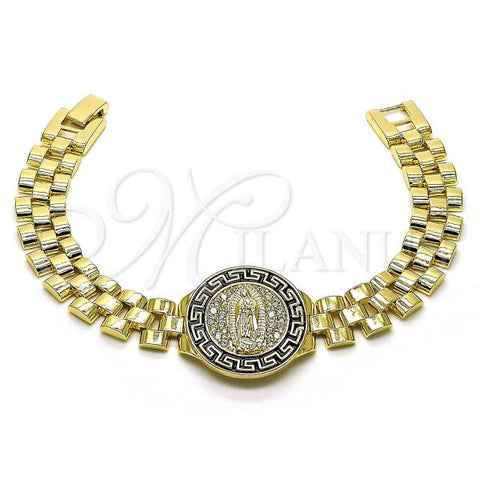 Oro Laminado Fancy Bracelet, Gold Filled Style Guadalupe and Greek Key Design, with White Micro Pave, Black Enamel Finish, Golden Finish, 03.411.0013.08