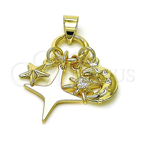 Oro Laminado Fancy Pendant, Gold Filled Style Star and Moon Design, with White Cubic Zirconia, Polished, Golden Finish, 05.213.0157