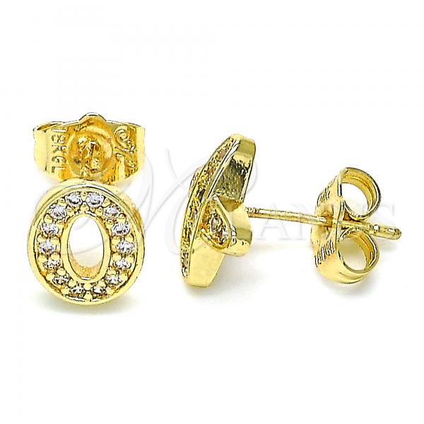 Oro Laminado Stud Earring, Gold Filled Style Initials Design, with White Micro Pave, Polished, Golden Finish, 02.156.0578