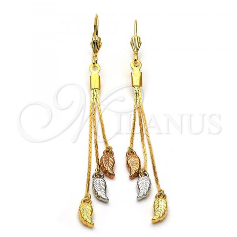 Oro Laminado Long Earring, Gold Filled Style Leaf Design, Diamond Cutting Finish, Tricolor, 5.071.010