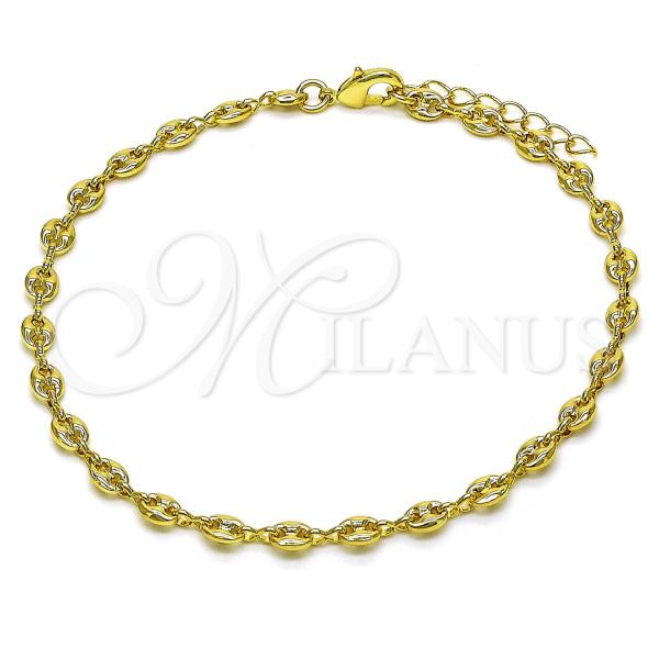 Oro Laminado Basic Anklet, Gold Filled Style Puff Mariner Design, Polished, Golden Finish, 04.326.0004.10