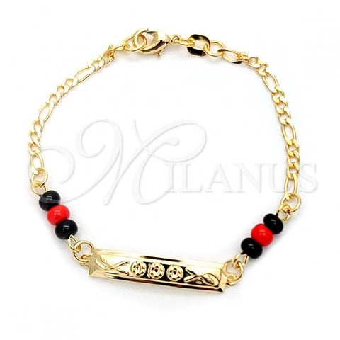 Oro Laminado ID Bracelet, Gold Filled Style Figaro Design, with Black Azavache, Polished, Golden Finish, 03.32.0149