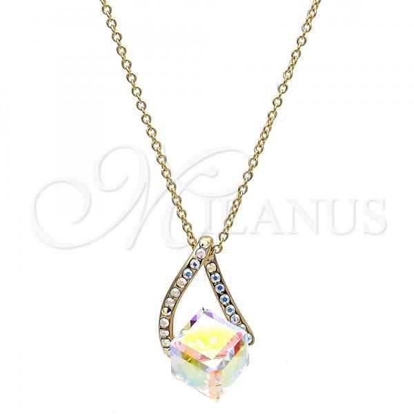 Oro Laminado Pendant Necklace, Gold Filled Style Rolo Design, with Aurore Boreale Swarovski Crystals and Aurore Boreale Pearl, Polished, Golden Finish, 04.239.0039.7.16