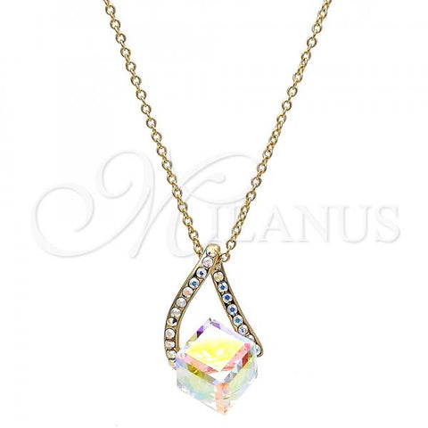 Oro Laminado Pendant Necklace, Gold Filled Style Rolo Design, with Aurore Boreale Swarovski Crystals and Aurore Boreale Pearl, Polished, Golden Finish, 04.239.0039.7.16