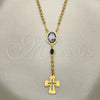 Oro Laminado Thin Rosary, Gold Filled Style Caridad del Cobre and Cross Design, with Black Azavache, Polished, Golden Finish, 09.02.0033.18