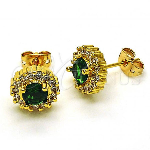 Oro Laminado Stud Earring, Gold Filled Style with Green Cubic Zirconia and White Micro Pave, Polished, Golden Finish, 02.342.0203