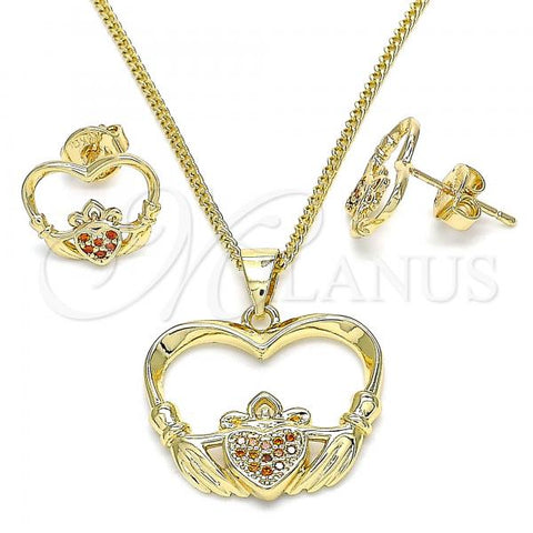 Oro Laminado Earring and Pendant Adult Set, Gold Filled Style Heart Design, with Garnet Micro Pave, Polished, Golden Finish, 10.156.0247.2