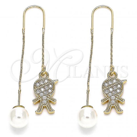 Oro Laminado Threader Earring, Gold Filled Style Little Boy Design, with White Micro Pave, Polished, Golden Finish, 02.210.0360