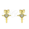 Oro Laminado Stud Earring, Gold Filled Style Cross and Heart Design, with White Micro Pave, Polished, Golden Finish, 02.342.0120