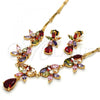 Oro Laminado Necklace and Earring, Gold Filled Style Flower and Teardrop Design, with Multicolor Cubic Zirconia, Polished, Golden Finish, 06.205.0003.1
