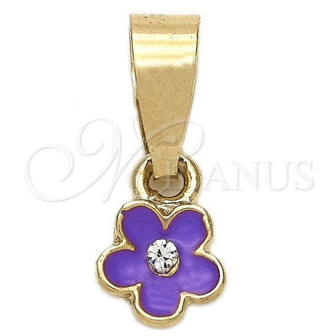 Oro Laminado Fancy Pendant, Gold Filled Style Flower Design, with White Crystal, Purple Enamel Finish, Golden Finish, 05.163.0070.4