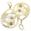 Oro Laminado Dangle Earring, Gold Filled Style Flower and Butterfly Design, with White Crystal, Polished, Golden Finish, 64.003