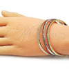 Oro Laminado Trio Bangle, Gold Filled Style Greek Key Design, Diamond Cutting Finish, Tricolor, 07.170.0059