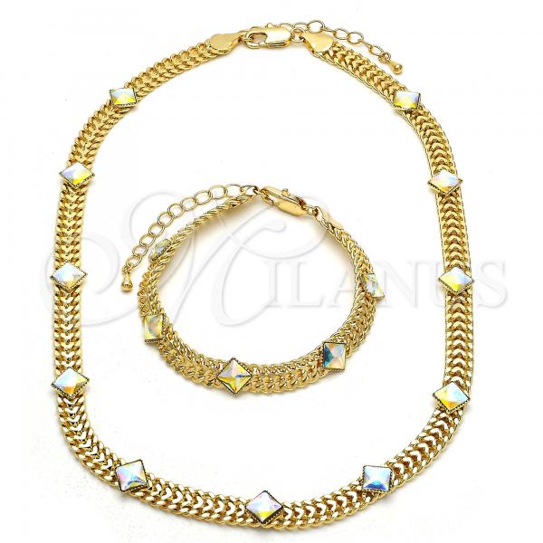 Oro Laminado Necklace and Bracelet, Gold Filled Style with Aurore Boreale Crystal, Polished, Golden Finish, 06.185.0018