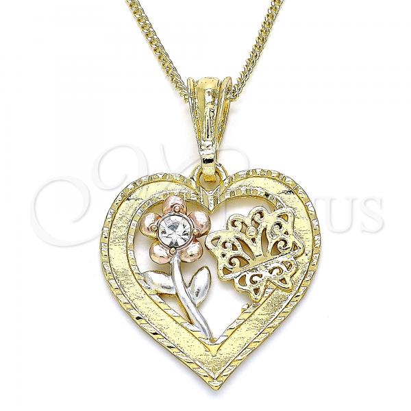 Oro Laminado Pendant Necklace, Gold Filled Style Heart and Flower Design, with White Crystal, Polished, Tricolor, 04.351.0018.20