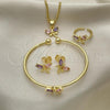 Oro Laminado Earring and Pendant Children Set, Gold Filled Style Dragon-Fly Design, with Multicolor Cubic Zirconia, Polished, Golden Finish, 06.210.0020