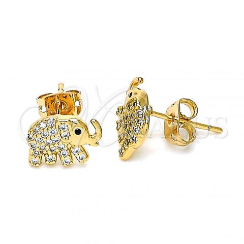 Oro Laminado Stud Earring, Gold Filled Style Elephant Design, with White and Black Micro Pave, Polished, Golden Finish, 02.213.0307