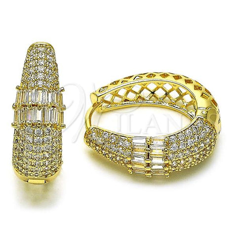 Oro Laminado Huggie Hoop, Gold Filled Style Baguette Design, with White Cubic Zirconia and White Micro Pave, Polished, Golden Finish, 02.283.0108.20