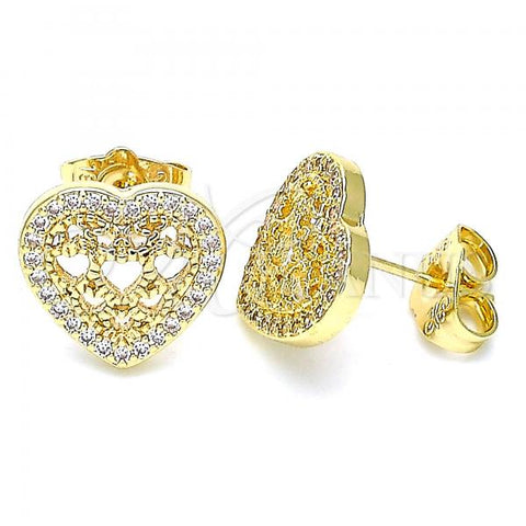 Oro Laminado Stud Earring, Gold Filled Style Heart Design, with White Micro Pave, Polished, Golden Finish, 02.156.0502