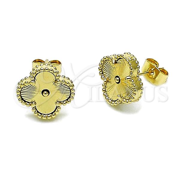 Oro Laminado Stud Earring, Gold Filled Style Four-leaf Clover Design, Diamond Cutting Finish, Golden Finish, 02.414.0015