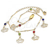 Oro Laminado Charm Anklet , Gold Filled Style Crown and Rattle Charm Design, with Multicolor Crystal, Polished, Golden Finish, 03.213.0115.1.10