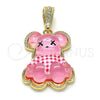 Oro Laminado Fancy Pendant, Gold Filled Style Teddy Bear Design, with Pink and White Crystal, Polished, Golden Finish, 05.196.0010