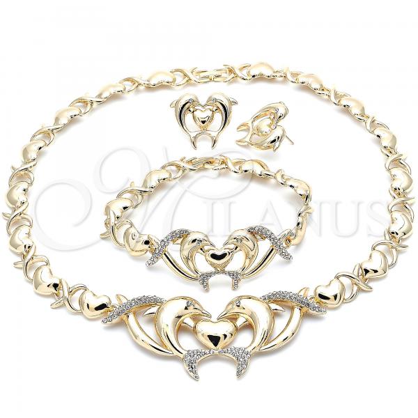 Oro Laminado Necklace, Bracelet and Earring, Gold Filled Style Hugs and Kisses and Dolphin Design, with White Crystal, Polished, Golden Finish, 06.372.0024