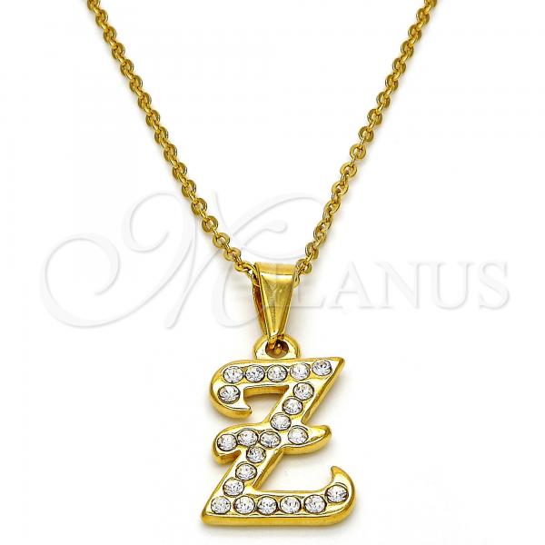 Stainless Steel Pendant Necklace, Initials and Rolo Design, with White Crystal, Polished, Golden Finish, 04.238.0031.1.18