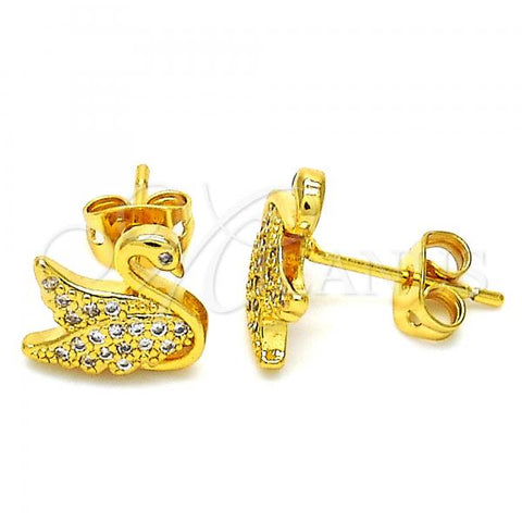 Oro Laminado Stud Earring, Gold Filled Style Swan Design, with White Micro Pave, Polished, Golden Finish, 02.342.0012