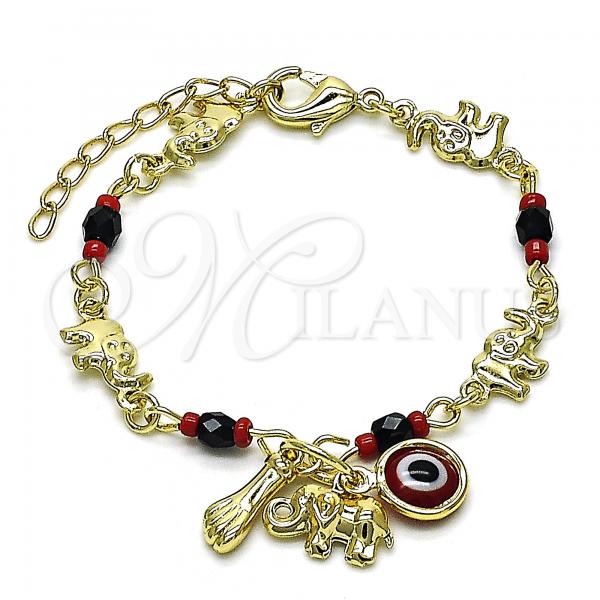 Oro Laminado Charm Bracelet, Gold Filled Style Elephant and Evil Eye Design, with Garnet Crystal, Polished, Golden Finish, 03.213.0216.06