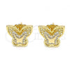 Oro Laminado Stud Earring, Gold Filled Style Butterfly Design, with White Micro Pave, Polished, Golden Finish, 02.156.0411