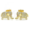 Oro Laminado Stud Earring, Gold Filled Style Elephant Design, with White and Ruby Micro Pave, Polished, Golden Finish, 02.199.0029