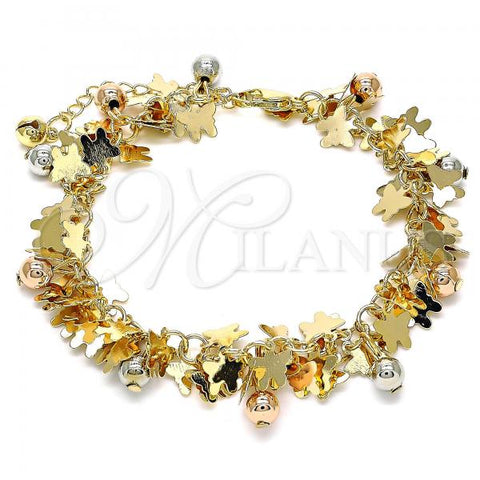 Oro Laminado Charm Bracelet, Gold Filled Style Butterfly and Ball Design, Polished, Tricolor, 03.331.0191.08