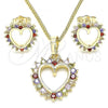 Oro Laminado Earring and Pendant Adult Set, Gold Filled Style Heart Design, with Multicolor Cubic Zirconia, Polished, Golden Finish, 10.284.0009.3