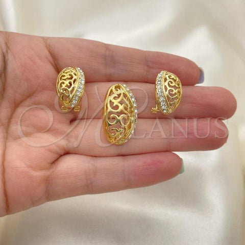 Oro Laminado Earring and Pendant Adult Set, Gold Filled Style Leaf Design, with White Crystal, Polished, Golden Finish, 10.59.0227